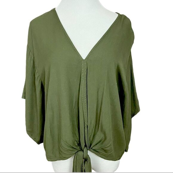 lovestitch Tops - Lovestitch Olive Green Short Sleeve Tie Front Boxy Fit Top S